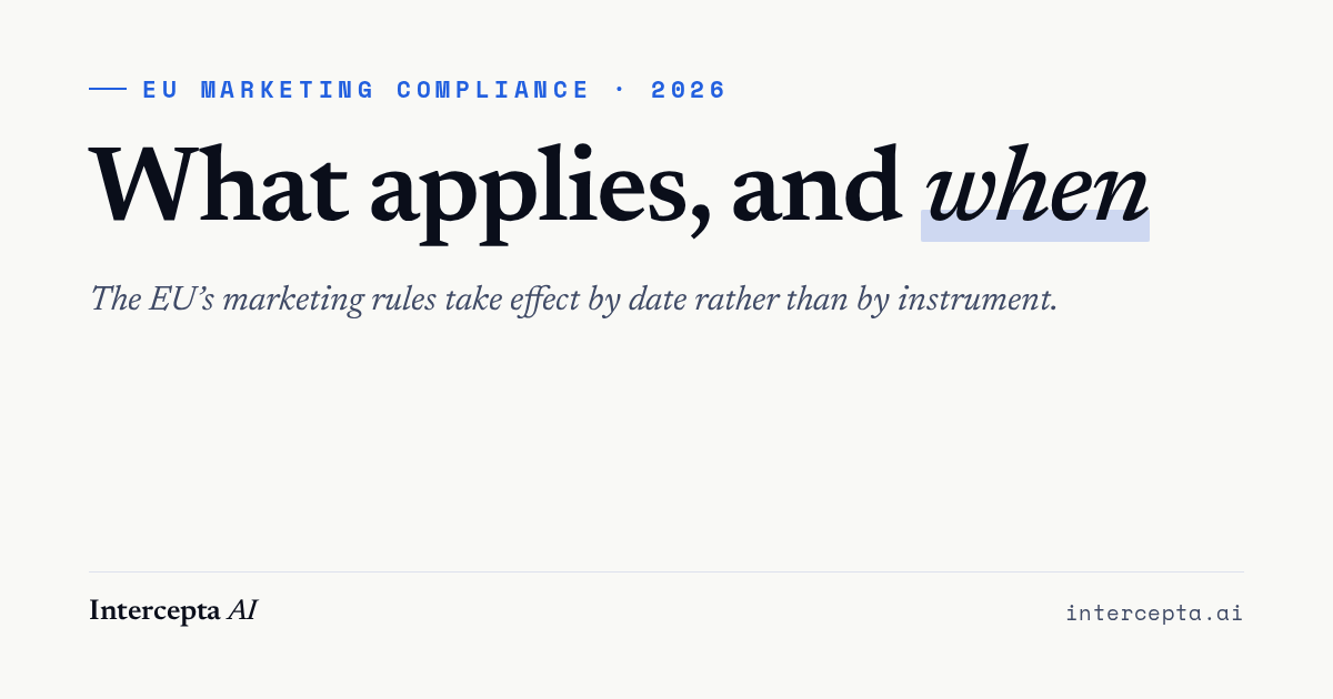 Intercepta AI feature card for EU marketing compliance in 2026, headed “What applies, and when”.