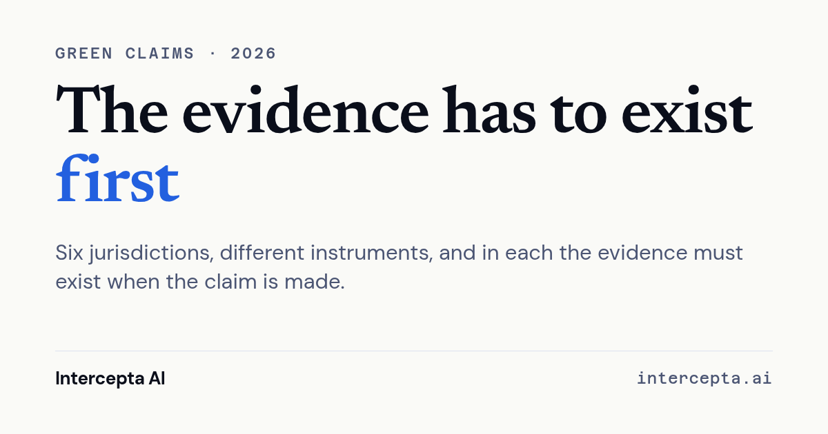 Intercepta AI feature card headed “The evidence has to exist first”, with the subline “Six jurisdictions, different instruments, and in each the evidence must exist when the claim is made”.
