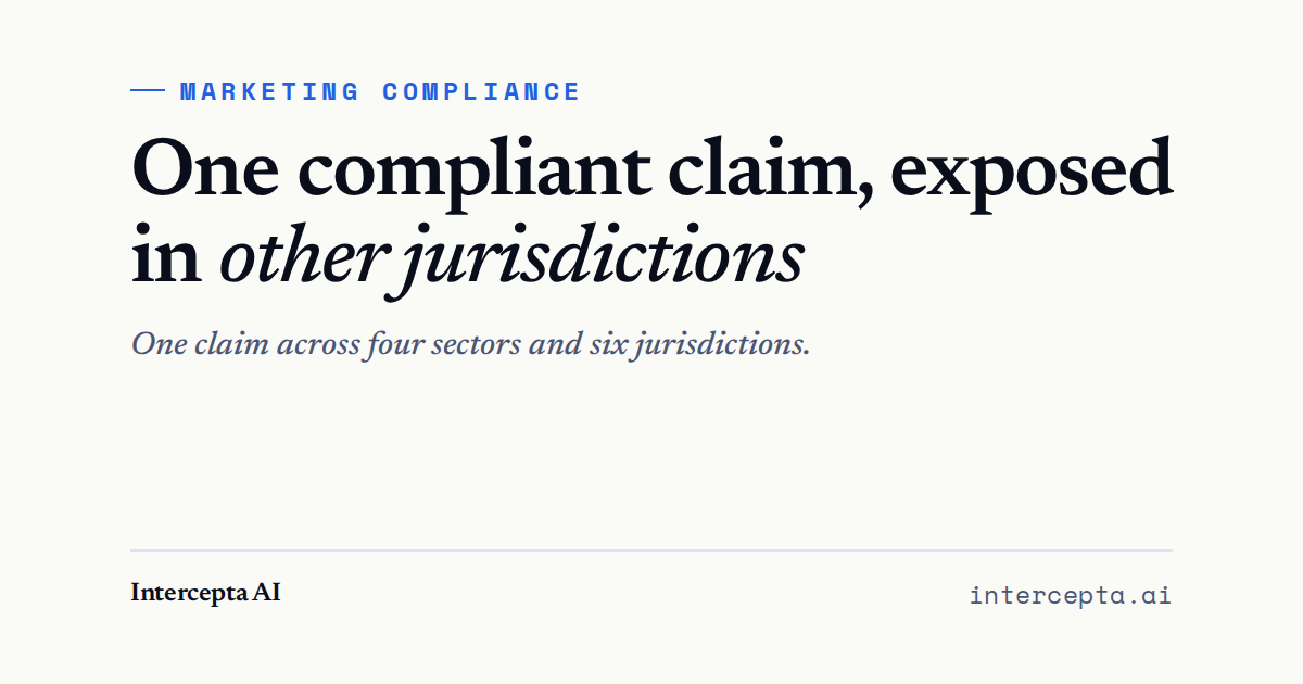 A social card reading ‘One compliant claim, exposed in other jurisdictions’, with the line ‘One claim across four sectors and six jurisdictions’ and the Intercepta AI wordmark.