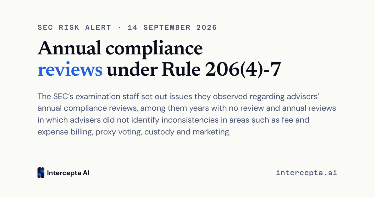 Feature card on the SEC’s 14 September 2026 Risk Alert on annual compliance reviews under Rule 206(4)-7, noting years with no review and inconsistencies that advisers did not identify.